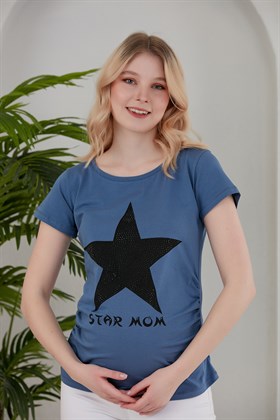 Gör&Sin Yıldız Üzeri Taş Baskı Detaylı Hamile İndigo Tişört