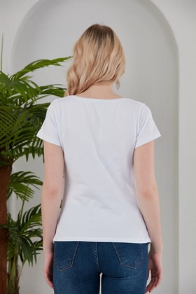 Gör&Sin Yıldız Üzeri Taş Baskı Detaylı Hamile Beyaz Tişört
