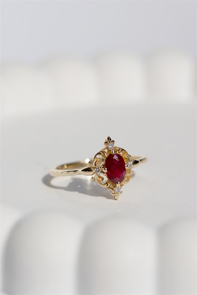 Garnet Ve Pırlanta Vintage Yüzük
