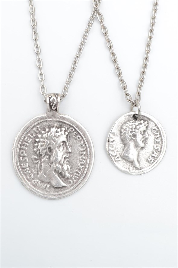 2'li Antik Roma Sikkesi Madalyon Ve Sezar Sikke Erkek Kadın Kolye Seti 925 Ayar Gümüş Kaplama