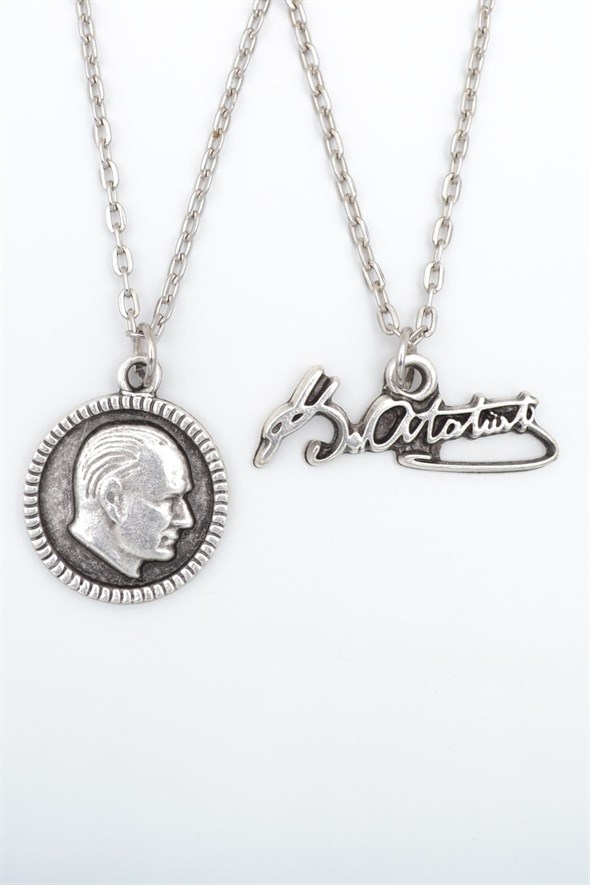 2'li Kemal Atatürk İmza - Madalyon Erkek Kadın Kolye Seti 925 Ayar Gümüş Kaplama