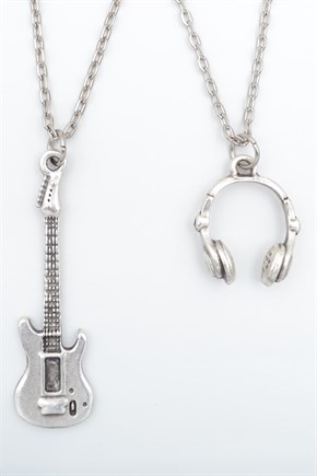 2'li Elektro Gitar - Kulaklık Erkek Kadın Kolye Seti 925 Ayar Gümüş Kaplama