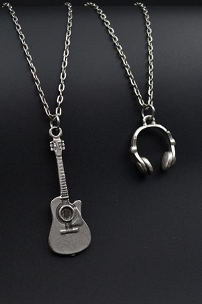 2'li Klasik Akustik Gitar Kulaklık Erkek Kadın Kolye Seti 925 Ayar Gümüş Kaplama