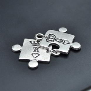 Puzzle - Quenn - King - Sevgili Kolye Ucu - Antik Gümüş Kaplama