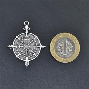 Viking Vegvisir Pusula  Kolye Ucu - Antik Gümüş Kaplama