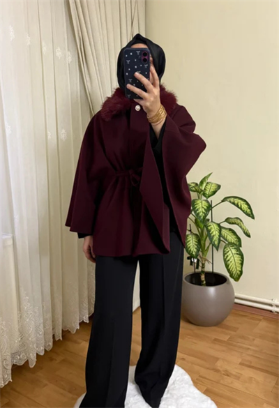 Yakası Kürklü Panço | Bordo