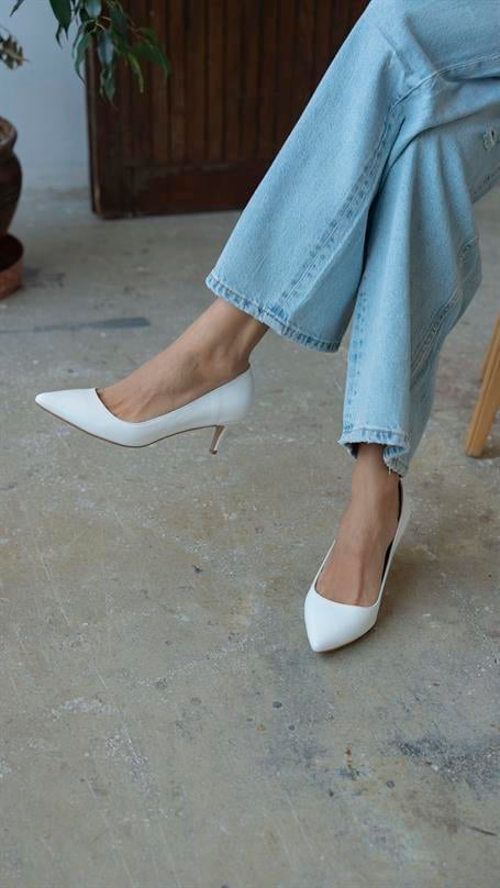 Nell Beyaz Deri Hakiki Deri Kadın Stiletto