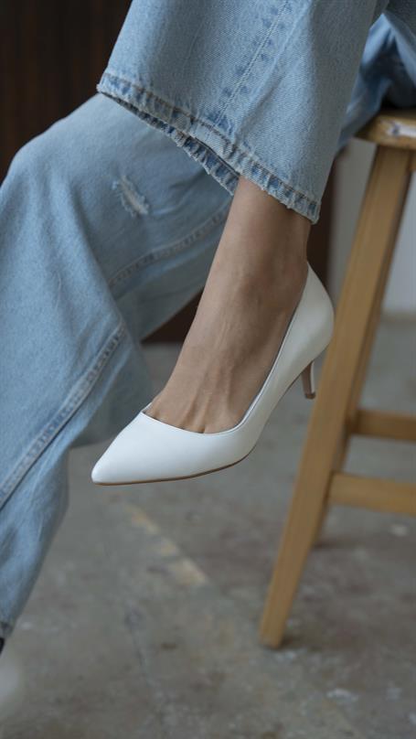 Nell Beyaz Deri Hakiki Deri Kadın Stiletto