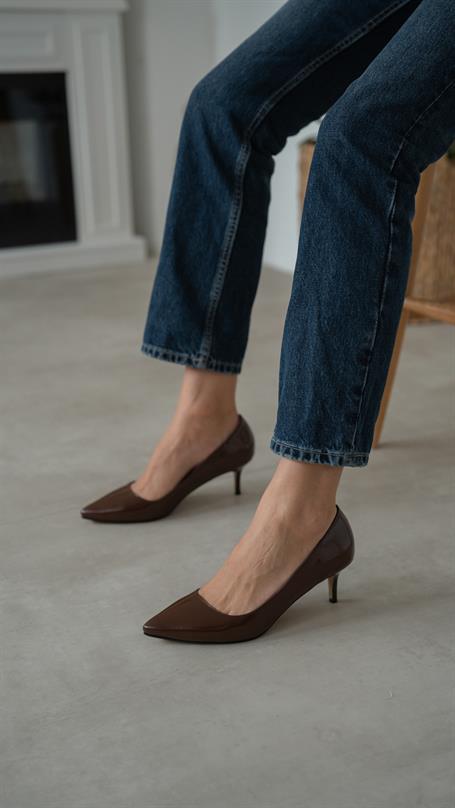 Nell Kahve Rugan Hakiki Deri Kadın Stiletto