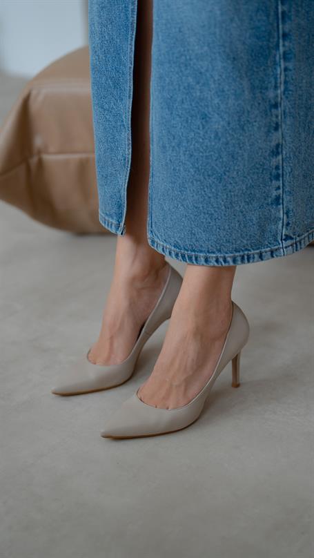 Pael Bej Deri Hakiki Deri Kadın Stiletto