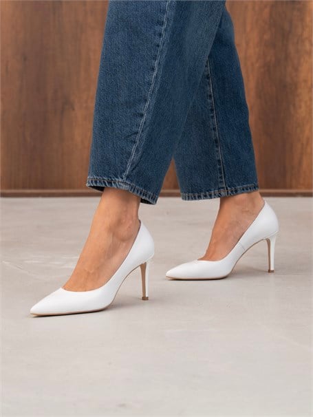 Pael Beyaz Deri Hakiki Deri Kadın Stiletto