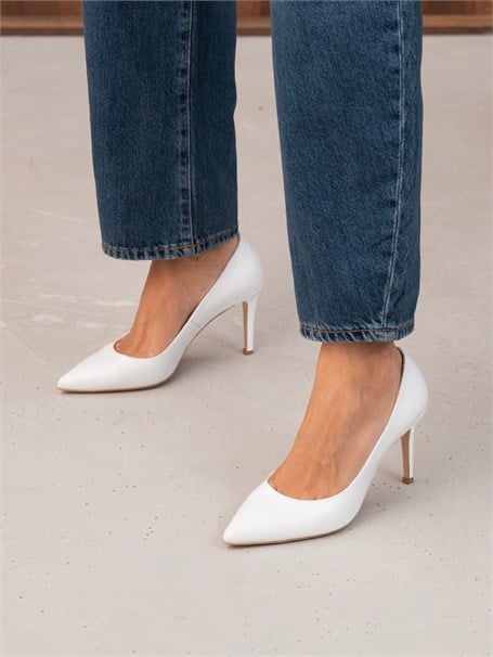 Pael Beyaz Deri Hakiki Deri Kadın Stiletto