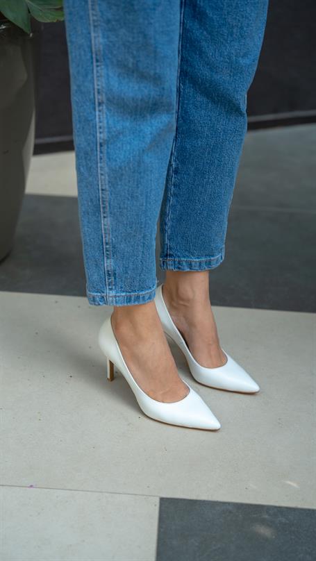 Pael Beyaz Deri Hakiki Deri Kadın Stiletto