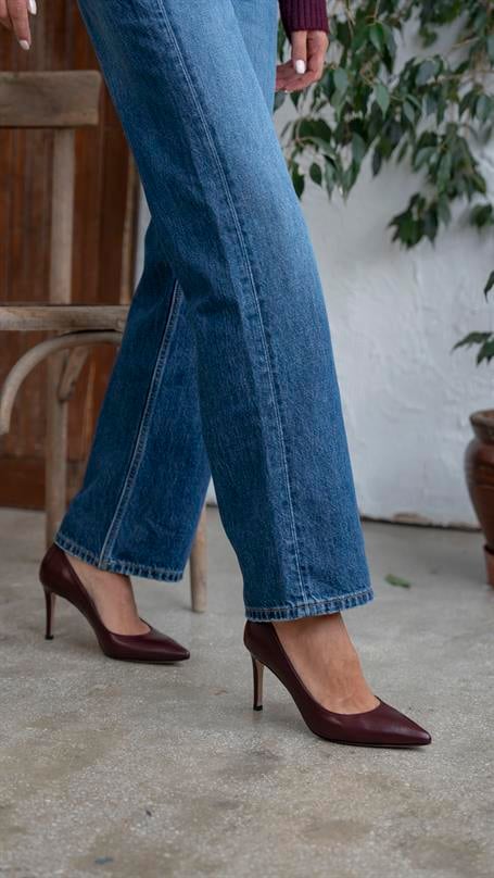 Pael Bordo Deri Hakiki Deri Kadın Stiletto