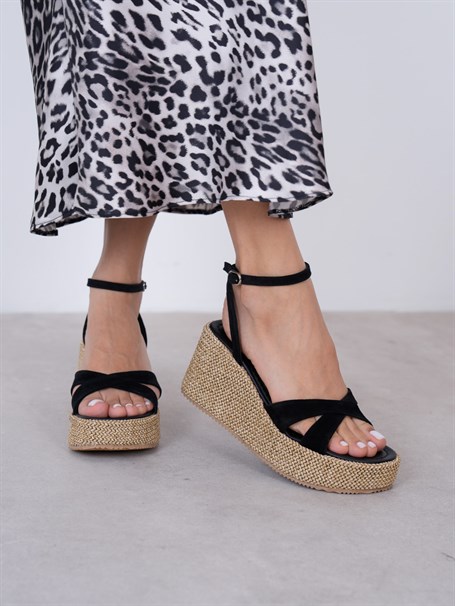 Pescare Siyah Süet Hakiki Deri Kadın Sandalet