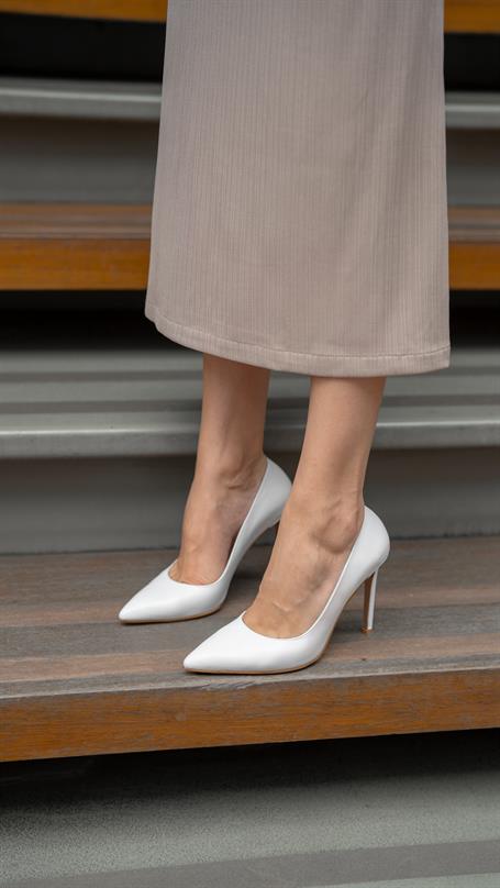 Ping Beyaz Deri Hakiki Deri Kadın Stiletto