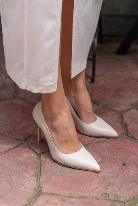 Ping Ekru Deri Hakiki Deri Kadın Stiletto