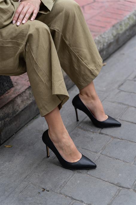 Ping Siyah Deri Hakiki Deri Kadın Stiletto
