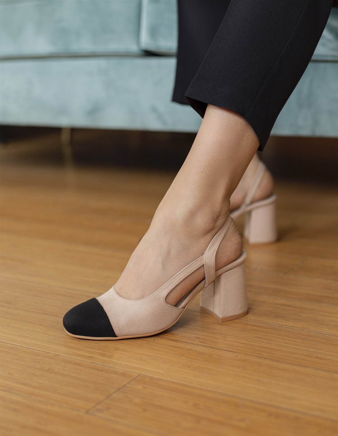 Tiffany Bej Süet - Siyah Süet Topuklu Ayakkabi | Ece'nin Butiği