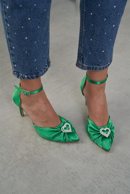 Winny Yeşil Saten   Topuklu Ayakkabı