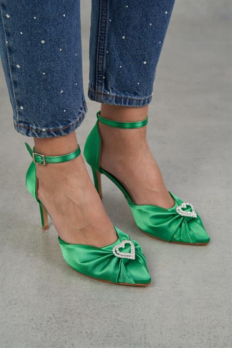 Winny Yeşil Saten   Topuklu Ayakkabı