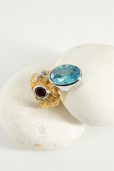 Blue Topaz & Garnet Taşlı Gümüş Yüzük