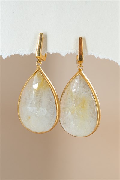 Gold Rutil Quartz Taşlı Gümüş Küpe