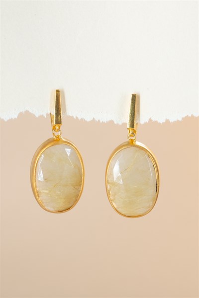 Gold Rutil Quartz Taşlı Gümüş Küpe