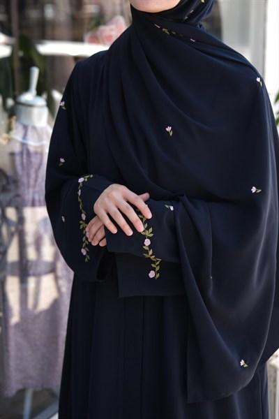 Nakışlı Abaya Şal Takım Lacivert