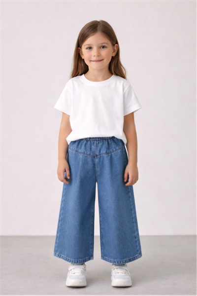 Kız Çocuk Geniş Paça Denim Pantolon – Lastikli Bel Rahat Kalıp