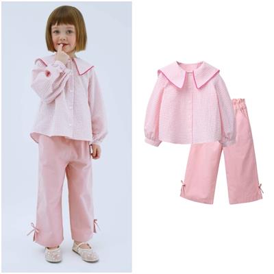 Kız Çocuk Pembe İkili Takım – Yaka Detaylı Gömlek & Bağcıklı Pantolon
