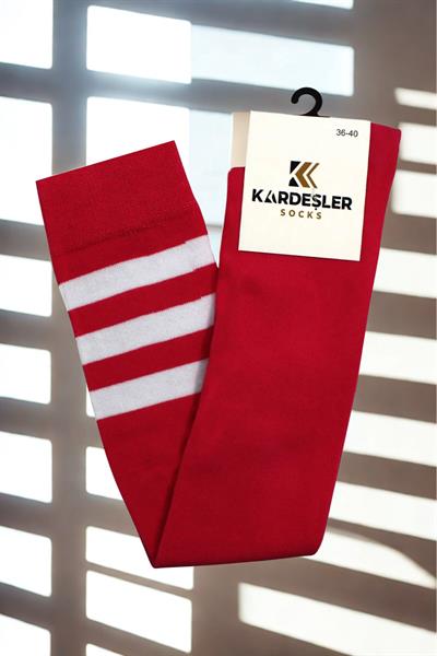 Beyaz Çizgili Kırmızı Diz Üstü Pamuklu Çorap