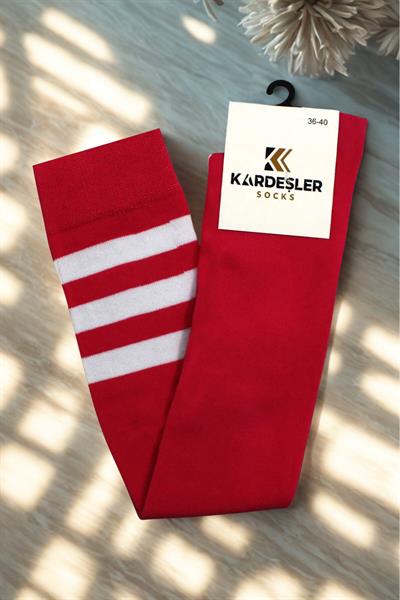 Beyaz Çizgili Kırmızı Diz Üstü Pamuklu Çorap