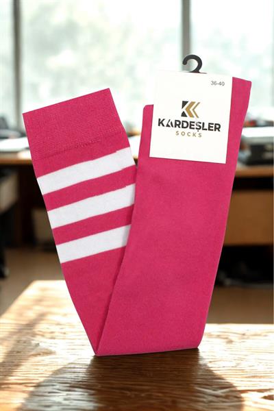 Beyaz Çizgili Pembe Diz Üstü Pamuklu Çorap