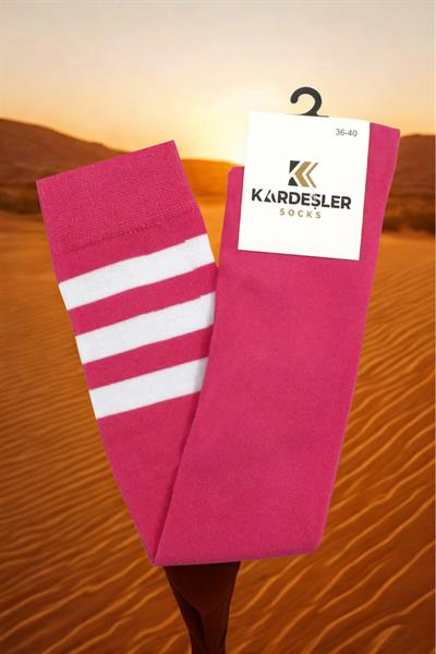 Beyaz Çizgili Pembe Diz Üstü Pamuklu Çorap