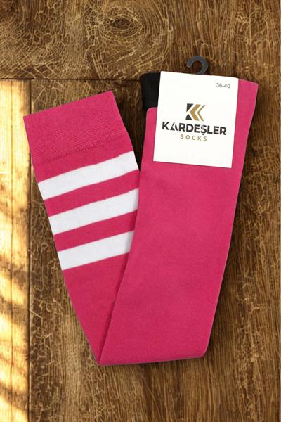 Beyaz Çizgili Pembe Diz Üstü Pamuklu Çorap