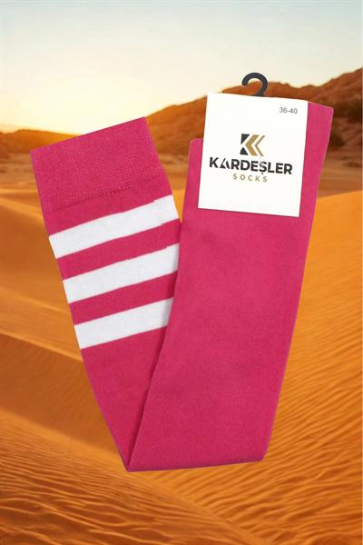 Beyaz Çizgili Pembe Diz Üstü Pamuklu Çorap