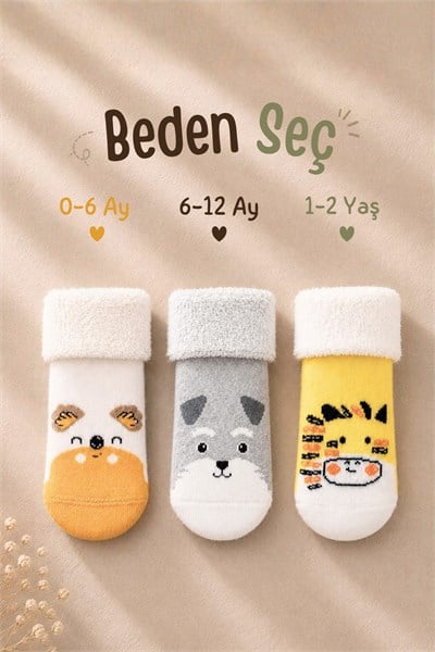 Çoçuk Çok Renkli Havlu Kıvrık Patik Çorap Desenli 3lü Paket - 6-12 Ay