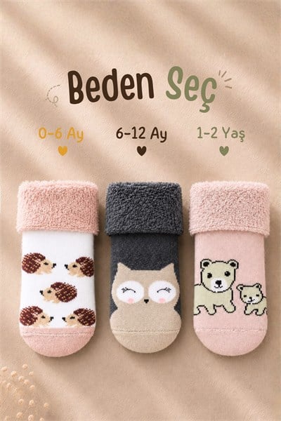 Çoçuk Çok Renkli Havlu Kıvrık Patik Çorap Desenli 3lü Paket - 1-2 Yaş
