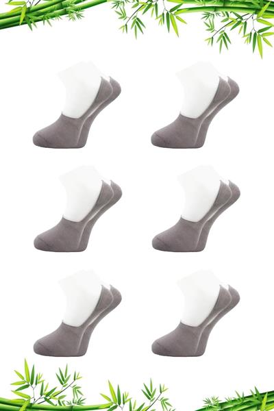 Erkek Bambu Babet Gri Çorap Dikişsiz Görünmez Kaydırmaz Topuk Silikonlu 6lı Paket