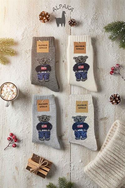 Kadın Alpaka Yün Kışlık Havlu Kalın Soket Ayıçık Desenli Çorap 4lü Paket