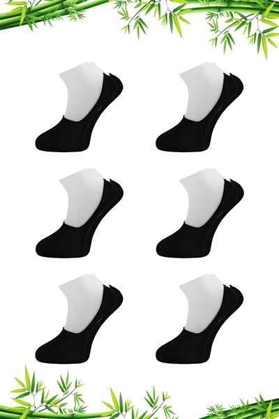 Kadın Bambu Babet Siyah Çorap Dikişsiz Görünmez Kaydırmaz Topuk Silikonlu 6lı Paket