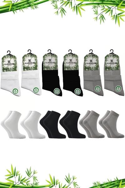 Kadın Bambu Yarım Konç Renkli Dikişsiz Düz Çorap 6lı Paket