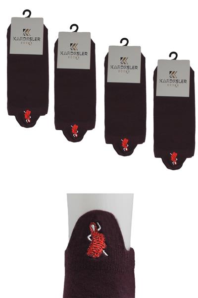 Kadın Bordo Renkli Nakışlı Pamuklu Patik Çorap 4lü Paket