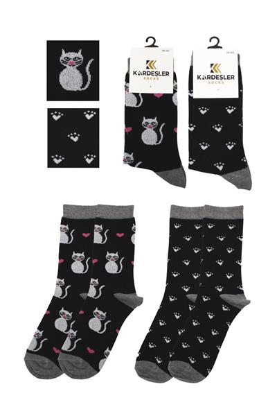 Kadın Çok Renkli Kedi Desenli Pamuklu Soket Uzun Çorap 2li Paket