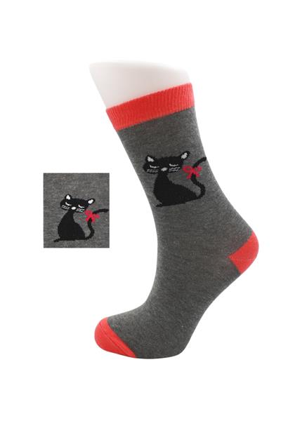Kadın Çok Renkli Kedi Desenli Pamuklu Soket Uzun Çorap 2li Paket