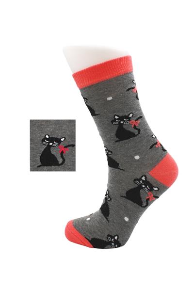 Kadın Çok Renkli Kedi Desenli Pamuklu Soket Uzun Çorap 2li Paket