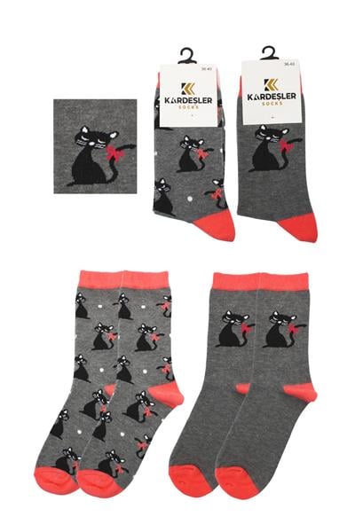 Kadın Çok Renkli Kedi Desenli Pamuklu Soket Uzun Çorap 2li Paket