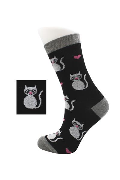 Kadın Çok Renkli Kedi Desenli Pamuklu Soket Uzun Çorap 2li Paket