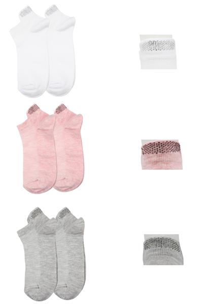 Kadın Çok Renkli Şerit Taş Işlemeli Pamuklu Patik Çorap 3lü Paket